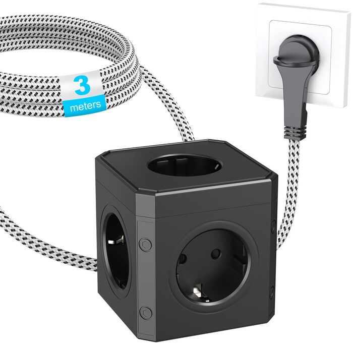 Блок розеток з USB-C, 4 розетки, плоский штекер, індивідуальне вмикання, багатофункціональна розетка-куб з 2м плетеним кабелем для офісу, дому, подорожей - Білий