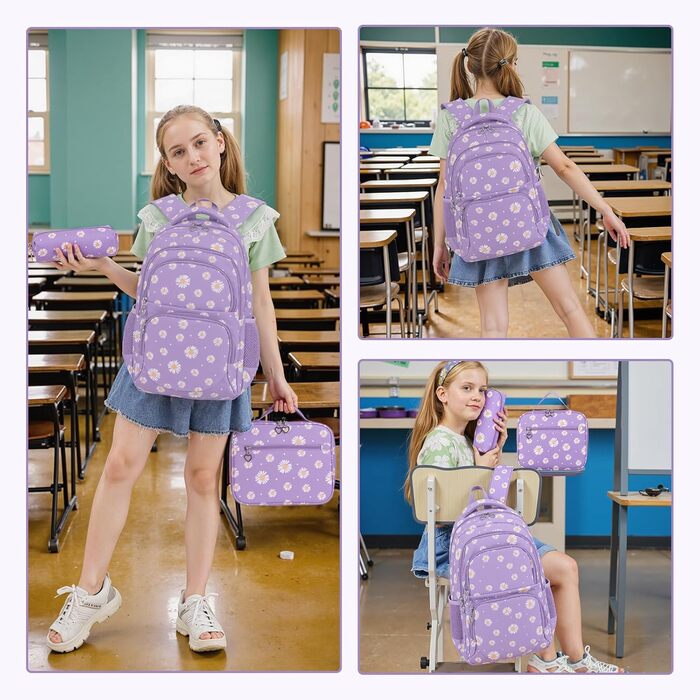 Рюкзак для дівчинки-підлітка, шкільний набір з ланч-боксом та пеналом, фіолетовий. Шкільний рюкзак для школи та відпочинку
