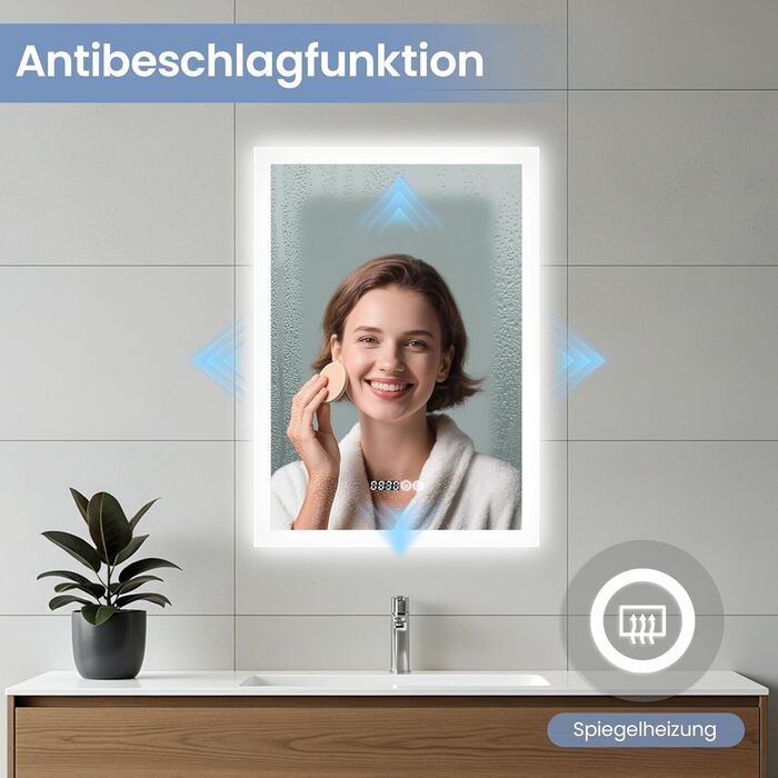 Дзеркало для ванної кімнати AQUABATOS з підсвічуванням 100x70 см LED, антизапар, сенсорне керування, 3 кольори світла, регулювання яскравості