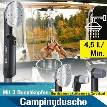 KESSER® Camping Shower with Battery-Powered Submersible Pump, Hand Shower, 2 x 2200mAh Lithium Battery, USB Charging Cable, for Camping, Garden, Car, Outdoor Use, Dog Shower, Car Cleaning, Includes Carry Bag, 12V Pump