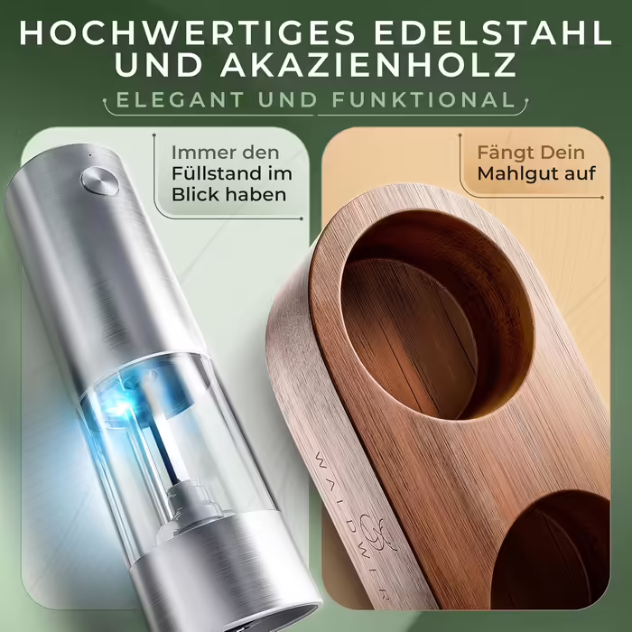 WALDWERK Electric Salt and Pepper Grinder (300 mAh Battery) - Pepper and Salt Mills with Elegant Acacia Holder - Electric Salt and Pepper Grinder - Electric Salt and Pepper Grinder Set
