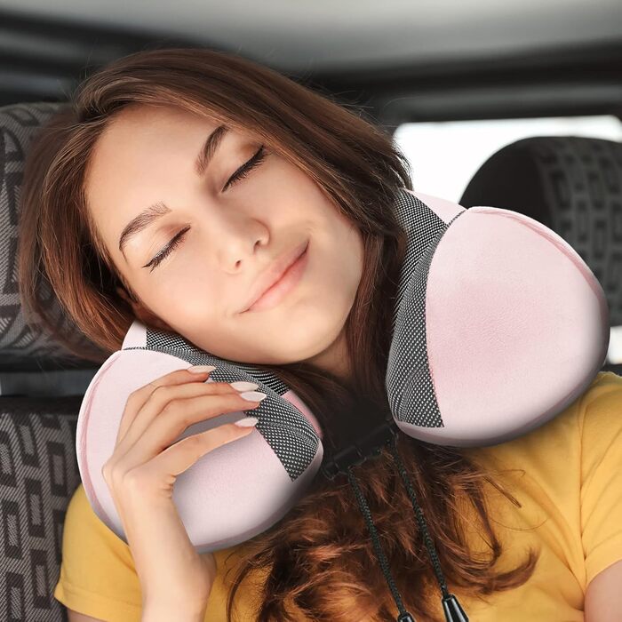 Подушка для шиї Eono з піною Memory Foam, ергономічна, для подорожей, з маскою для сну та навушниками, рожева