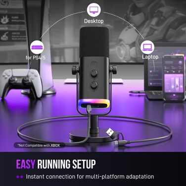 Ігровий мікрофон FIFINE XLR/USB для стрімінгу та подкастів, динамічний студійний мікрофон з RGB-підсвіткою, регулятором підсилення, функцією Mute та роз'ємом для навушників