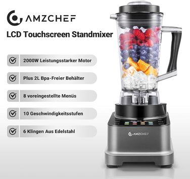 AMZCHEF 8-in-1 Multi Stand Mixer with Auto-IQ | 2000W High-Performance Mixer with LCD Touchscreen | 2L Blender with 8 Smart Menus and 10 Speeds for the Kitchen | Gray 25.6 x 20.1 x 47.6 cm Gray