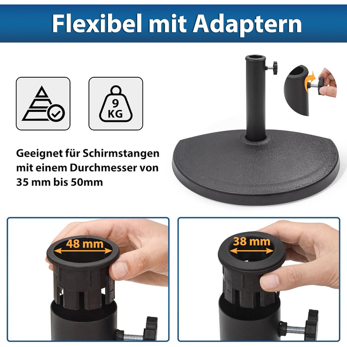 Paramondo Half-Round Umbrella Stand - Weatherproof umbrella stand with mast thickness 35-50 mm, including adapter, balcony stand, 9 kg, black