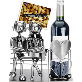 BRUBAKER Bottle Holder Men Loving Couple on Bench - Wine Bottle Holder Silver - Metal Bottle Stand Love - Metal Sculpture Gift for Married Couples with Gift Card (Woman + Man)