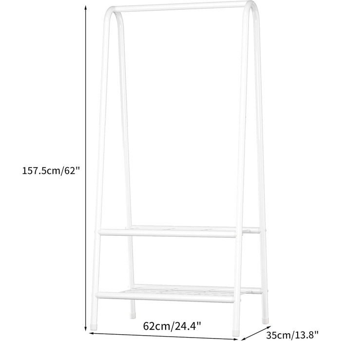 Robust metal clothes rack with double shelves for hanging clothes. Freestanding portable metal clothes rack, 62 L x 35 W x 157.5 H cm. Space-saving, Gold (White)