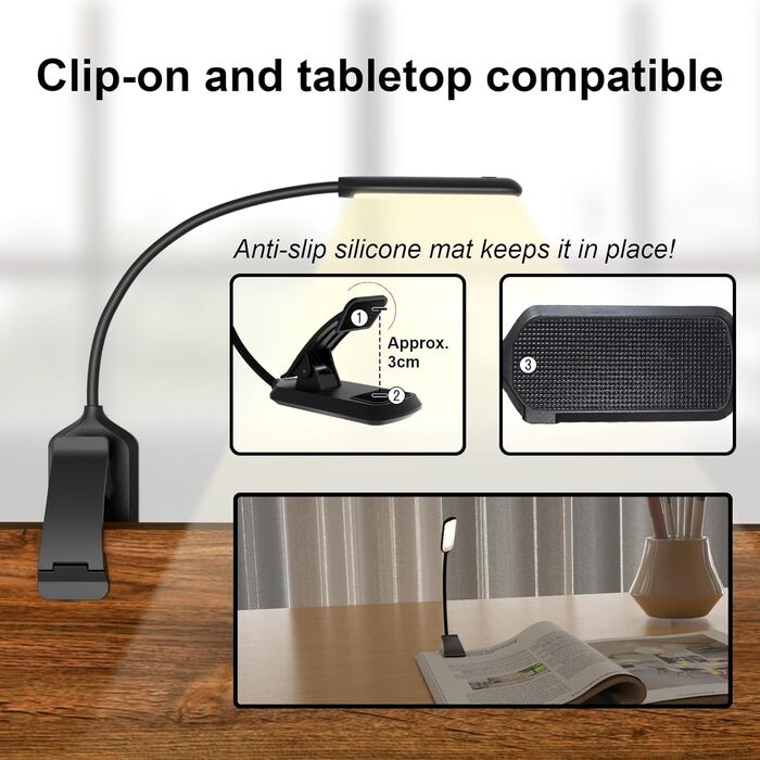 LED лампа для читання з кліпсою, USB перезарядна, 3 режими температури кольору, регульована яскравість, 360° гнучкий світильник для ліжка, столу та подорожей, білий (чорний)