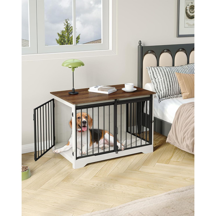 Клітка для собак Hzuaneri, 100 см, дерев'яна, з розсувними дверима, для дому, для маленьких/середніх/великих собак, 100 x 60 x 68 см, білий/коричневий колір