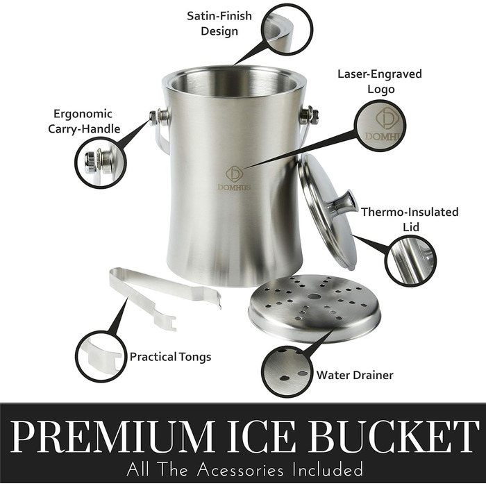 2.0L Premium Ice Cube Container with Lid and Tongs | Stainless Steel Champagne Cooler Insulated Double-Walled Stainless Steel Ice Container with Carrying Handle | Silver Matte
