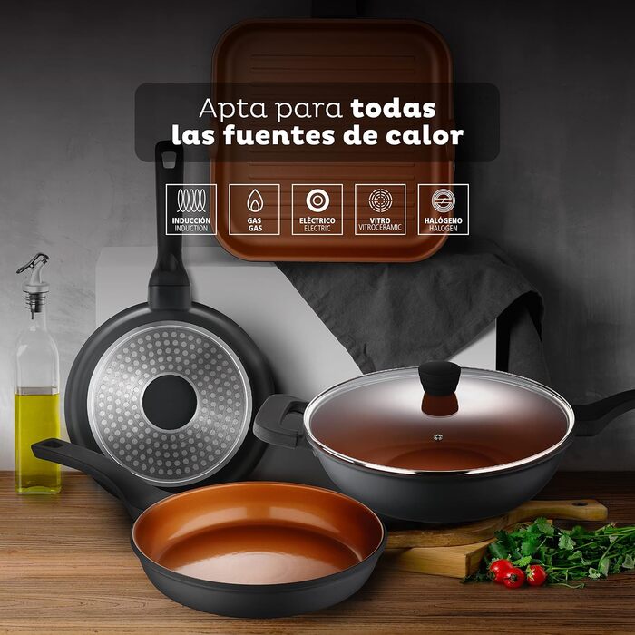 Сковорода San Ignacio Bronze лита алюмінієва 28x28x4.5 см з антипригарним покриттям, з м'якою ручкою, для всіх типів плит (набір 2 шт)