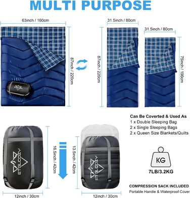Сплячий мішок двомісний ETGLCOZY для дорослих та дітей, XL Queen Size, 220*160 см, для кемпінгу, хайкінгу, подорожей, водонепроникний, з компресійним мішком