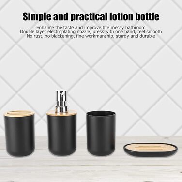 Набір аксесуарів для ванної кімнати на 4 частини (тримач для зубних щіток, мильниця, дозатор для лосьйону, стакан для ополіскувача), сучасний дизайн, чорний колір