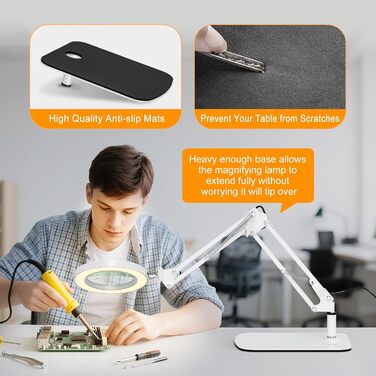 Лампа-лупа Jubor 2-в-1 зі світлом та підставкою, 15x/10x, LED, з кріпленням та основою, 3 режими, регульована яскравість, для хобі, ремонту, майстрів