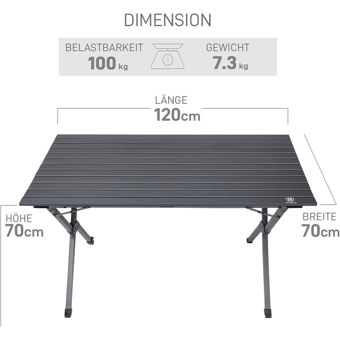 Розкладний туристичний стіл EVER ADVANCED 120x70 см, алюміній, 100 кг, сірий