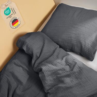 Бетлічна постільна білизна Laleni з бавовняного мусліну 80x80 + наволочка 35x40 см - комплект сертифікований Oeko-TEX для літа (Антрацит, 135x200 см, 80x80 см)