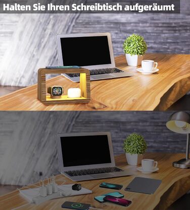 Багатофункціональна заряджна станція 5-в-1 з бездротовим зарядним пристроєм, світлодіодним нічником та годинником, бамбукова, сумісна з Apple Watch, AirPods, Samsung Galaxy та іншими пристроями