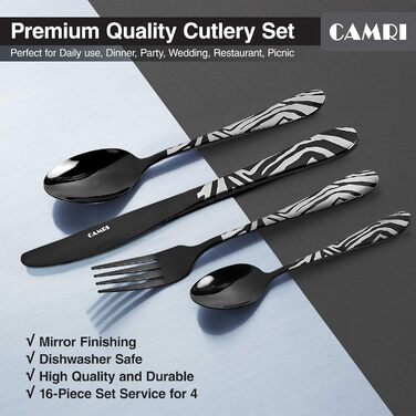 Набір столових приборів CAMRI – 16 предметів, нержавіюча сталь, набір для 4 осіб, легко миється (креузо-чорний візерунок)
