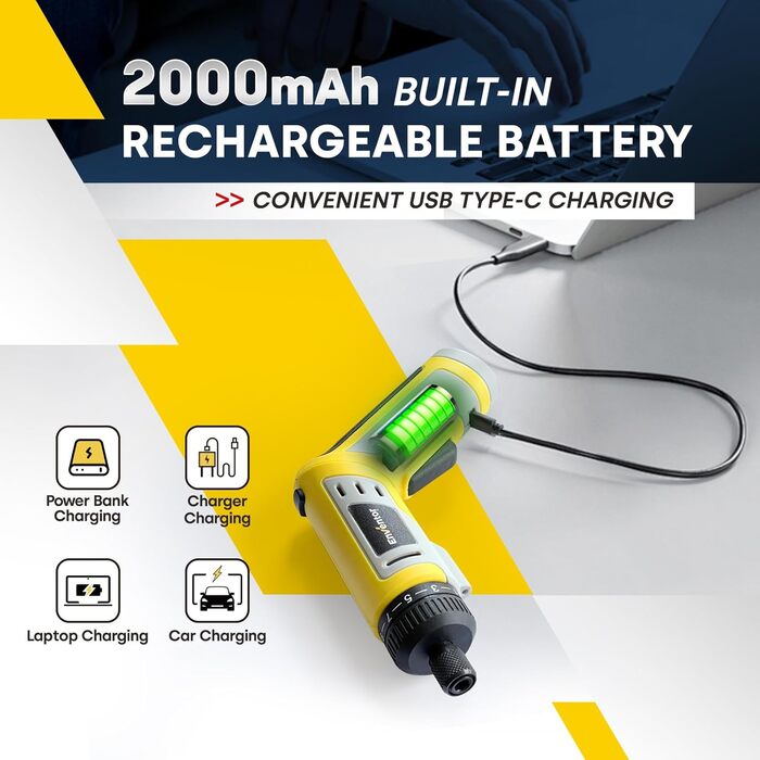 Mini акумуляторний шуруповерт Enventor 6 Nm, 4V, 2000 mAh, LED, USB, 25-ти шт. біт, з LED-підсвічуванням, 3 режими крутного моменту, з біт-подовжувачем, гнучкий вал (модель 95202)