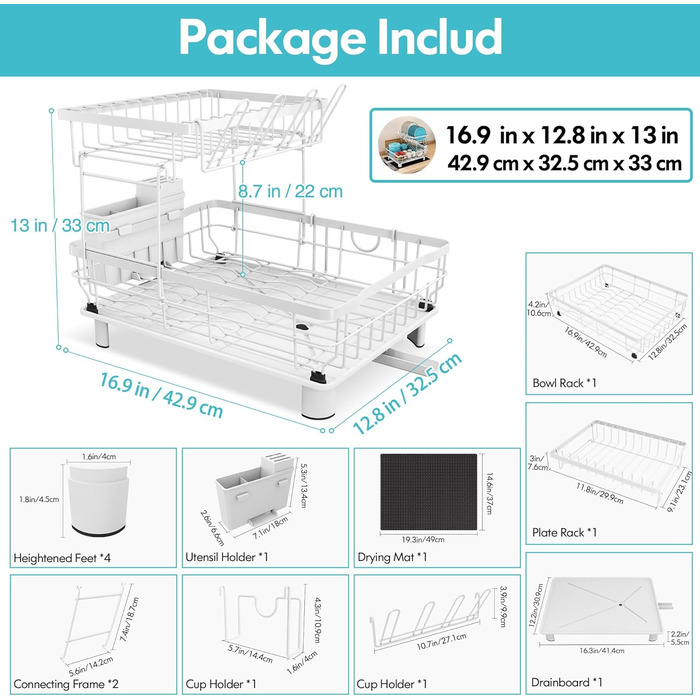 Сушарка для посуду MAJALiS 2-ярусна з піддоном та килимком, з тримачем для кухонного приладдя, чорна, нержавіюча сталь