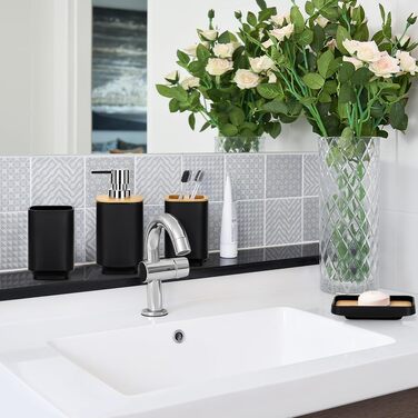 Набір аксесуарів для ванної кімнати JOTOM з бамбука, 6 шт. Сучасний дизайн: дозатор для мила, тримач для зубних щіток, стакан, мильниця, тримач для туалетного йоржика, сміттєве відро. Сірий колір