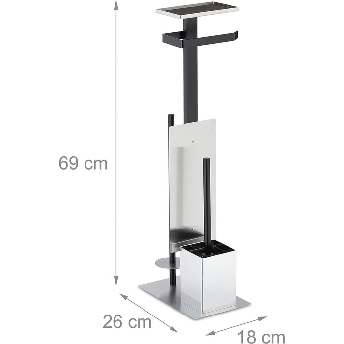 Набір для ванної кімнати Relaxdays: тримач туалетного паперу, щітка для туалету та підставка, полиця, срібно-чорний, 69x26x18 см