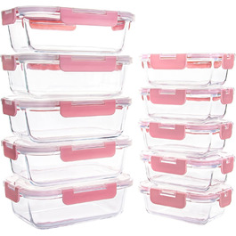 Набір з 10 скляних контейнерів для зберігання продуктів, з кришкою, BPA-Free, підходить для мікрохвильової печі, морозильника та посудомийної машини (Рожевий)
