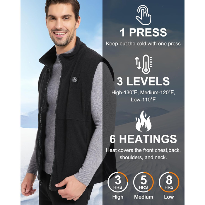 Обогревна жилетка для чоловіків, флісова жилетка з акумулятором 10000mAh, 6 нагрівальних панелей, для активного відпочинку, роботи на відкритому повітрі, зимова XL чорна