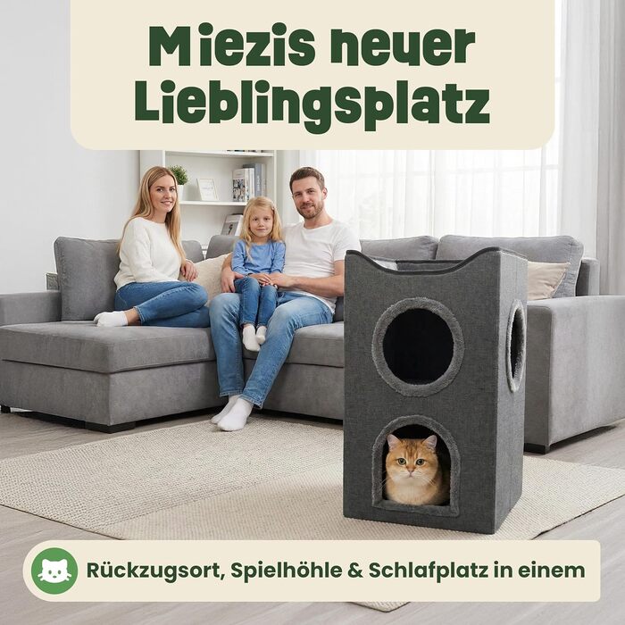 Кігтеточка-будиночок для котів Zooprinz Katzenhöhle – затишна печера для котів, тепле котяче ліжко бежевого кольору з подушкою, кіт-будиночок для дому як місце для відпочинку та укриття (46 × 41,5 × 60 см)