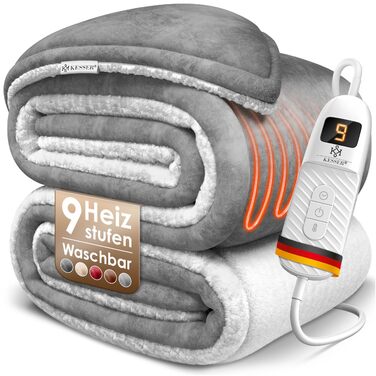 Електрична гріюча ковдра KESSER® 180x130 см з автовимкненням | 9 температурних режимів | Зручна ковдра на ліжко та диван | Можливість прання до 40°C | Сіра | з таймером та цифровим дисплеєм