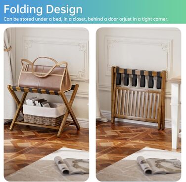 SMIBUY Luggage Rack, 2-Piece Set, Folding Bamboo Suitcase Stand with Shelf for Guest Room, Bedroom, Hotel, Heavy-Duty (Walnut)