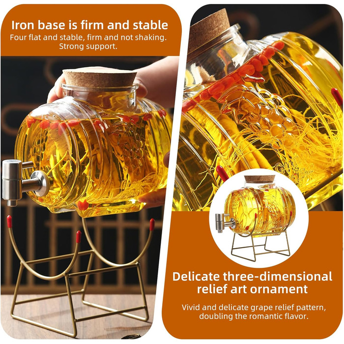 Barrel-shaped drink dispenser, 3L/5L glass water dispenser with stand, barrel decanter with tap, alcohol dispenser ideal for wine, whiskey, beer, juices, lemonade, gifts for friend, husband, father (5L, glass barrel)