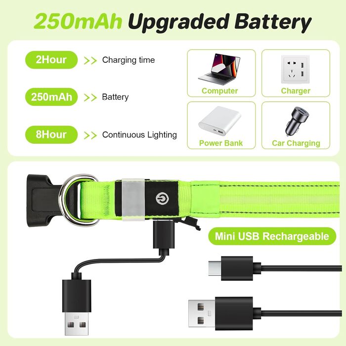 Світлодіодна нашийник для собак Feycig з USB-зарядкою - водонепроникний, регульований, 3 режими, для малих, середніх та великих собак (світло-зелений, M(38-50см))