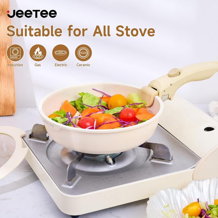 JEETEE Cookware Set, 4-Piece, 20/28 cm Frying Pan, With Detachable Handle, Granit Ceramic Non-Stick Cookware Set, Stackable Induction Pots Set, Suitable for All Cooktops, Oven Safe