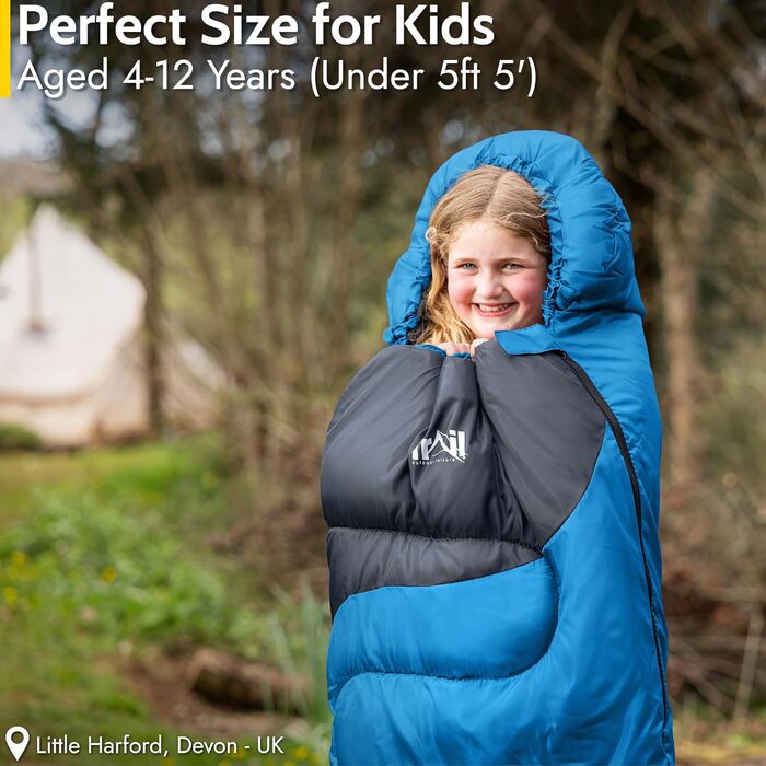 Дитячий спальний мішок Trail Mumienschlafsack 3 сезони для кемпінгу – 300gsm – для хлопчиків та дівчаток – з легким рюкзаком (Блакитний)