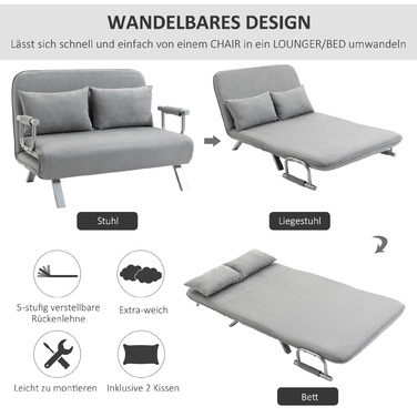 HOMCOM 2-Seater Sleeper Sofa with Bed Function & Cushion, Adjustable Sofa, up to 150kg, Light Grey | Aosom