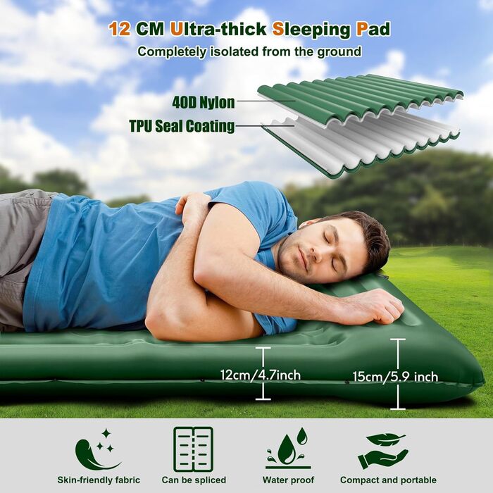 Надувний килимок для кемпінгу Isomatte, 12 см, товщина, з насосом для ніг, водонепроникний, ультралегкий, військовий зелений