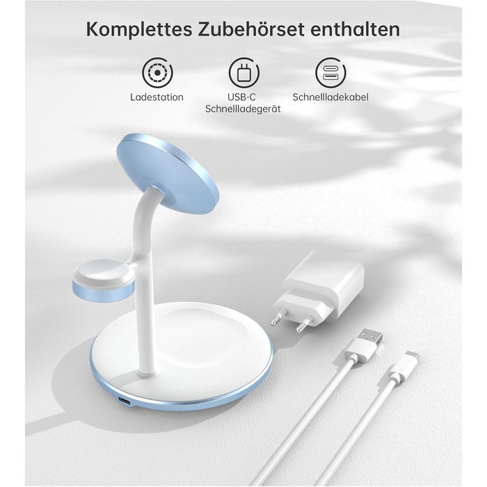 База для бездротової зарядки 3-в-1: iPhone, iWatch, AirPods, 15W, MagSafe, фіолетовий (світло-блакитний)