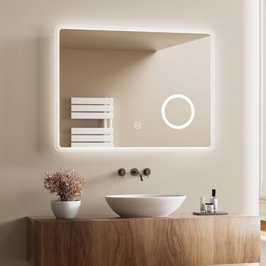 Дзеркало для ванної кімнати з підсвічуванням LED 80x60 см, регульоване, 3 кольори світла (3000K/4000K/6500K), антизапарник, вертикальна/горизонтальна установка, з 3x збільшенням