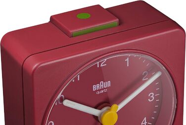 Braun Classic Analog Travel Alarm Clock, compact size, quiet quartz movement, crescendo alarm in red, model BC02R.