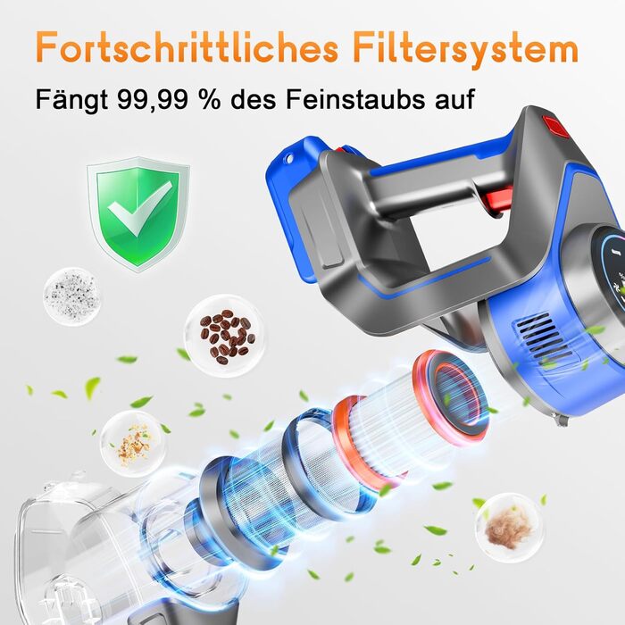 Бездротовий акумуляторний пилосос 45000 Па / 45 хв - 1,6 л з LED-дисплеєм, антизаплутувальною насадкою, тихий (<60 дБ), HEPA-фільтр, для видалення шерсті тварин, килимів, твердих поверхонь, авто, блакитний