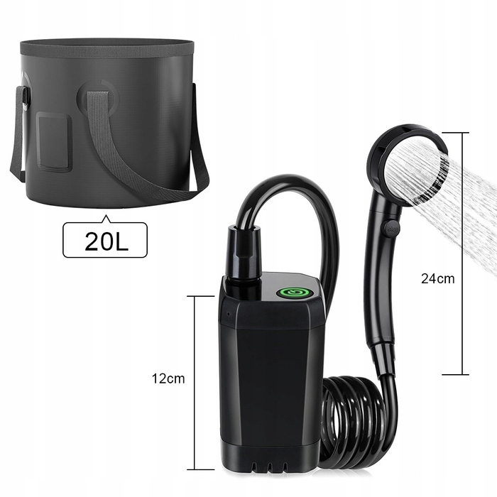 Кемпінговий душ 20Л з помпою, акумулятор 6000мАг, зарядка USB-C, шланг 2м