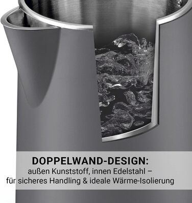 Електричний чайник з подвійними стінками Nordic Grey, 1.5 л, бездротовий, 2200 Вт, 360° обертання