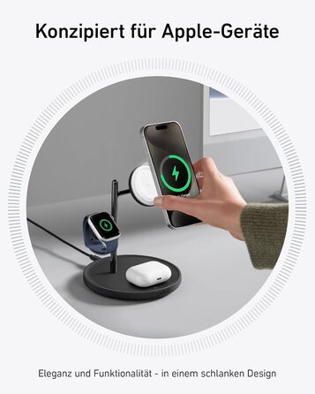 Anker MagGo 3-в-1 Бездротова Зарядка, 15W, MagSafe, Qi2, для iPhone 16/15/14/13, AirPods Pro, Apple Watch Ultra (з USB-C блоком живлення та кабелем), Чорний