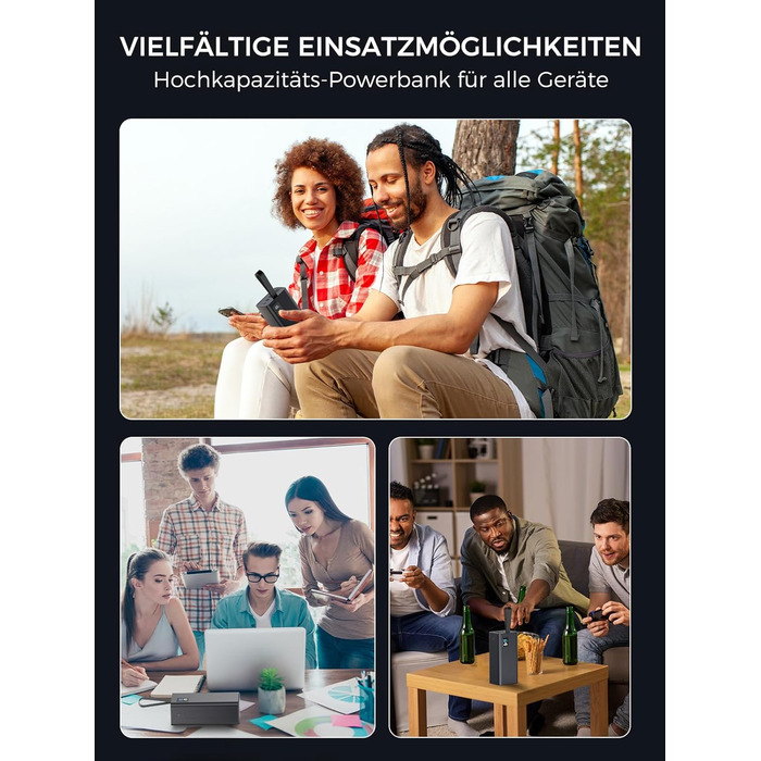 Powerbank Upgrade 70000 mAh: Швидка зарядка 30W PD, 5 виходів USB-C, LED дисплей, портативний зарядний пристрій для iPhone, кемпінгу - Чорний