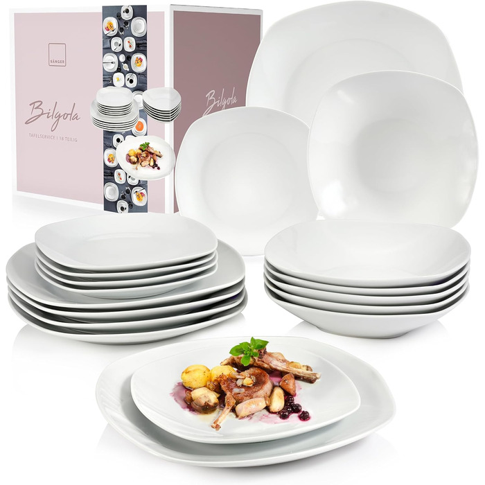 SÄNGER | Bilgola White Tableware Set, 18-Piece Dinnerware Set for 6 People with Soup, Dessert, & Flat Plates Made of Porcelain | PREMIUM COLLECTION Tableware Set 18 pcs