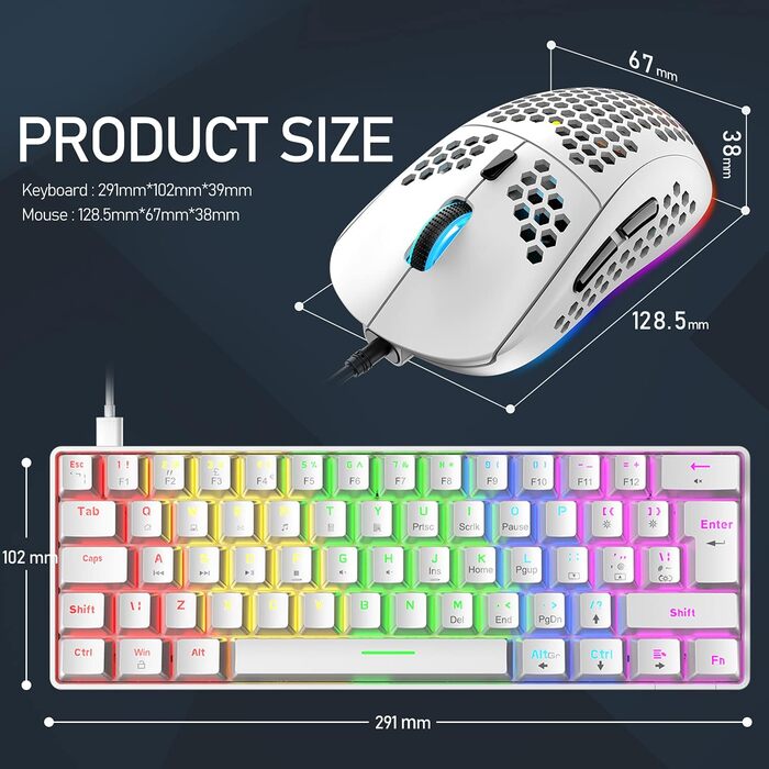 Ігрова клавіатура та миша UK-Layout з підсвічуванням RGB, 62 клавіші, механічна, 6400 DPI (чорний/червоний або білий/синій перемикач)