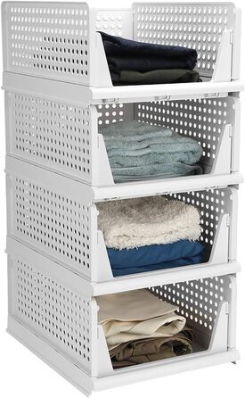 Hossejoy Set of 4 Stackable Closet Storage Boxes, Plastic Drawer Organizers, Foldable Clothes Shelf Baskets, Foldable Containers, Bins, for Office, Bedroom, and Bathroom (white)