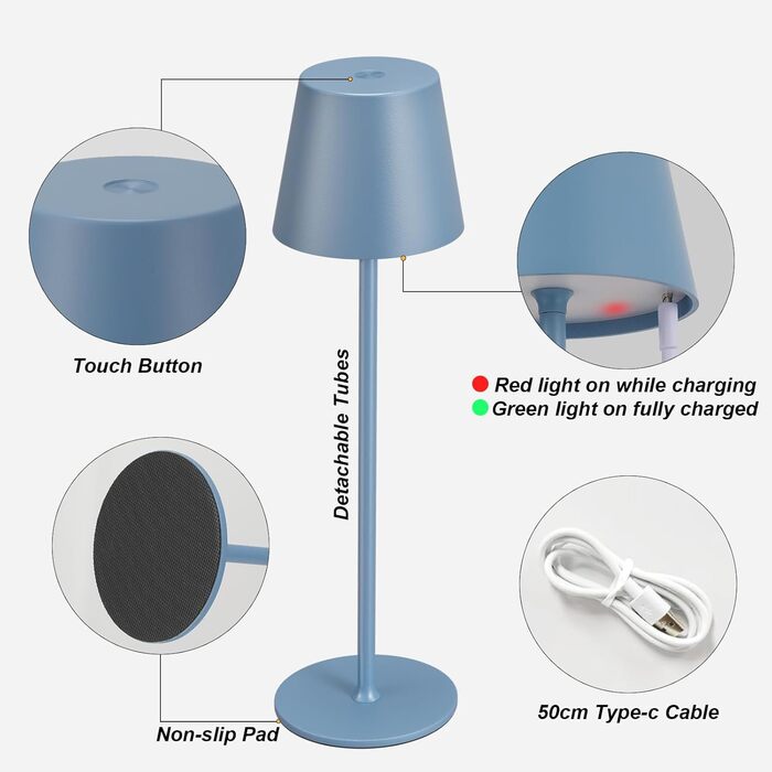 Набір з 2-х бездротових настільних LED світильників з акумулятором, сенсорне регулювання яскравості, 3 режими кольору, USB-C зарядка для спальні, обіднього столу, кемпінгу (Чорний)