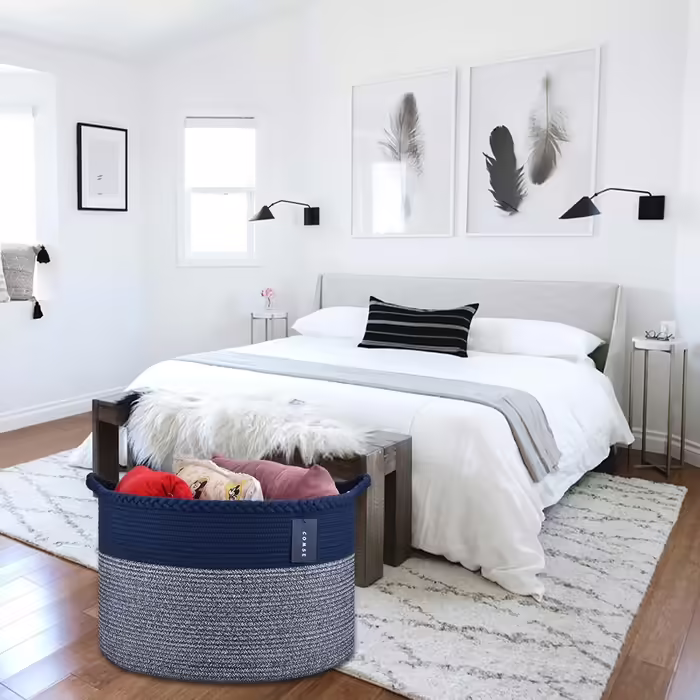 COMSE Extra Large Ceiling Basket, Woven Laundry Basket, 55 x 35 cm, Kids' Room, Cotton Rope, Laundry Basket, Living Room, for Storing Toys, Clothes, Towels, Black/Gray (Navy Blue)